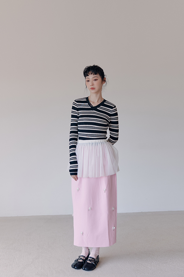 MOSDRESS 澎澎多層網紗裙簾 2色 白色 條紋上衣搭網紗裙簾
