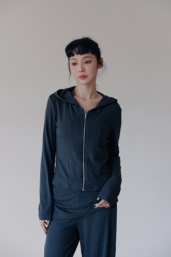 MOSDRESS 休閒莫代爾假兩件棉褲 2色 深灰 深灰假兩件腰部近景