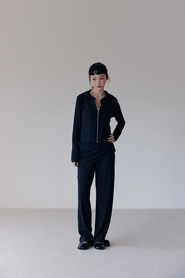 MOSDRESS 休閒莫代爾假兩件棉褲 2色 黑色 黑色連帽外套配棉褲