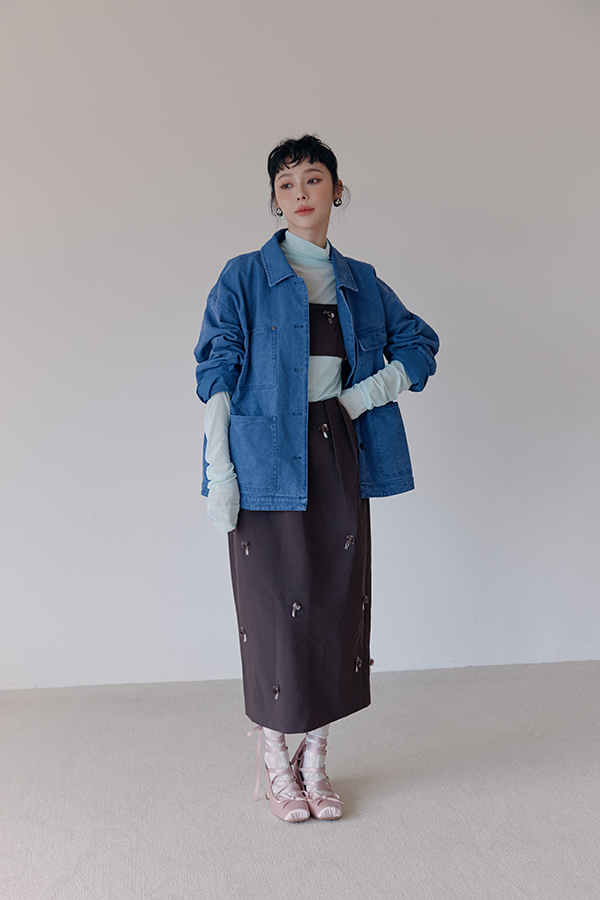 MOSDRESS 訂製墜飾造型背心+壓摺裙包套 2色 咖啡色 背心長裙搭工裝外套